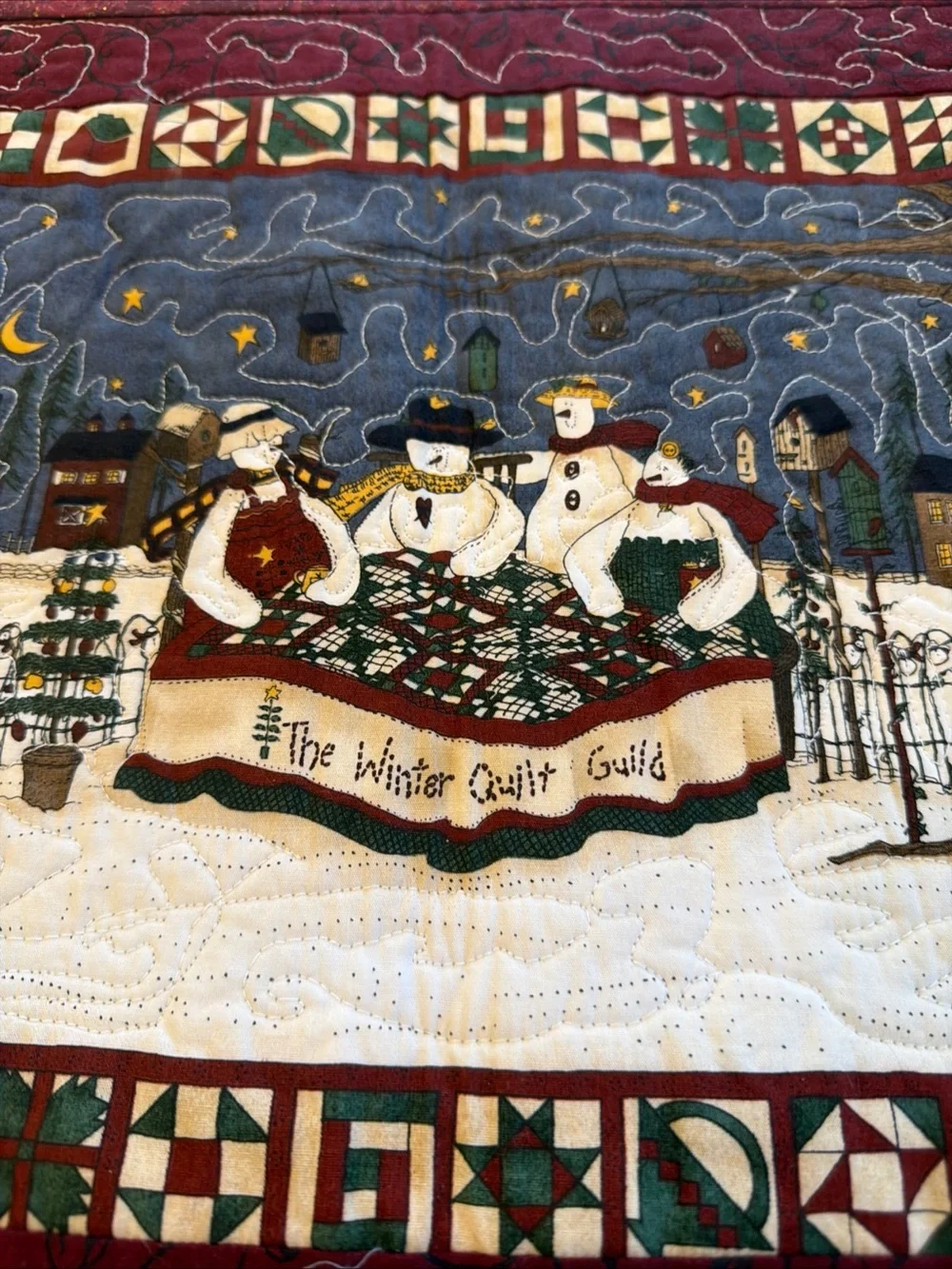 Winter Quilt Guild Snowmen set of 4 placements - Burgundy reversible